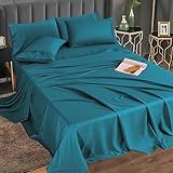 MCO Jogo De Cama Casal Rayon Derivado De Lençóis De Bambu Conjunto De Cama Respirável Refrescante Com Design De Bolso Profundo De 40 6 Cm 6 Peças Casal Azul Pavão 