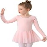 MdnMd Meninas Collant De Balé De Dança De Manga Longa Rosa Com Saia Vestido De Balé Infantil Idade 4 6 4T 5T 