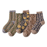 Meias Femininas De Algodão Floral G 5 Pares Bordadas Vinta
