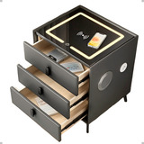 Mesa Cabeceira Criado Movel De Apoio Lateral Cama Quarto Hotel Inteligente 5sports Bivolt 3 Gavetas Luminaria Led Som Puxador De Madeira Estrutura De Madeira Revestida Com Couro Sintetico Cor Cinza