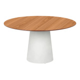 Mesa Cone Base Branca Tampo Lâmina Madeira Natural   70cm