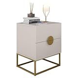 Mesa De Cabeceira Estilo Industrial 2 Gavetas Com Puxador Meia Lua Pé De Aço LH Móveis Off White Dourado 