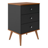 Mesa De Cabeceira Retro 3 Gavetas Preto Pés Em Madeira Mix Acabamento Fosco Cor Preto Dullar Móveis Mdf mdp