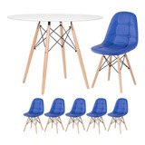 Mesa Jantar Eames Wood 100 Cm 5 Cadeiras Estofadas Botonê Cor Mesa Branco Com Cadeiras Azul