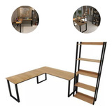 Mesa L E Estante 5 Prateleiras Multiuso Escritorio Conjunto