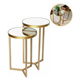 Mesa Lateral Conjunto Com 2 Tampo Espelho Decoração Luxo