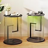 Mesa Lateral Mesa De Canto Redonda Para Sala De Estar Quarto Mesa De Cabeceira De LED Preta Conjunto De 2 Com Design De Corda De Barbante Mesa De Centro Moderna De Madeira De Meados Do Século 