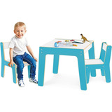 Mesa Mesinha Infantil C  2 Cadeiras Em Madeira Azul Junges