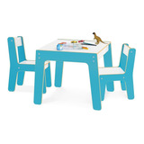 Mesa Mesinha Infantil C  2 Cadeiras Em Madeira Azul Junges