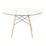 Mesa Redonda Charles Eames 90cm Tampo Vidro Sala Jantar Tampa Incolor Pés Marrom claro