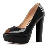 Mettesally Sapato Feminino Com Plataforma Peep Toe Salto Grosso- Sem Cadarço- Festa De Casamento- Preto- 37