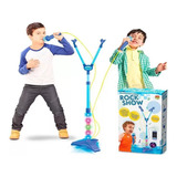 Microfone Duplo Com Pedestal Infantil Azul Mp3 Com Luz