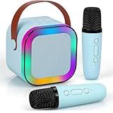 Microfone Karaoke Portátil Com Caixa De Som Bluetooth Luzes LED Dinâmicas 2 Microfones Sem Fio Ideal Para Festas Crianças E Adultos 2 Microfones AZUL 
