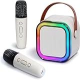 Microfone Karaoke Portátil Com Caixa De Som Bluetooth Luzes LED Dinâmicas 2 Microfones Sem Fio Ideal Para Festas Crianças E Adultos 2 Microfones BRANCO 