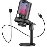 Microfone RGB Condensador Com Conector De Monitoramento De Fone De Ouvido USB Profissional Controle De Luz Gamer Para Computador Jogos Transmissao Ao Vivo Plug And Play TOMATE Preto 
