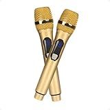 Microfone Sem Fio De Mão Duplo UHF Com Captação Dinâmica E Receptor P10 E P2 Profissional Karaoke Palestras Performance Wireless Modelo M87 Dourado 