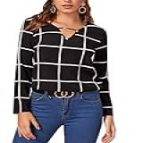 Milumia Blusa Feminina Xadrez De Manga Comprida Com Decote Em V Camisas Casuais Elegantes Para Trabalho Preto P
