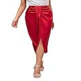 Milumia Saia Midi Franzida De Cetim Feminina Cintura Alta Drapeada Frontal Elegante Saias Longas, Vermelho, M