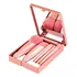 Mini Brush Kit 5 Pinceis Com Espelho Portátil Nécessaire Viagem Cor Rosa