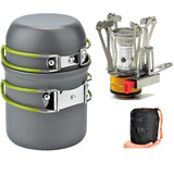 Mini Fogareiro Conjunto Panela Camping 2 Peças