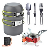 Mini Fogareiro Conjunto Panela Camping 2 Peças Talheres