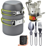 Mini Fogareiro Conjunto Panela Camping 2 Peças Talheres