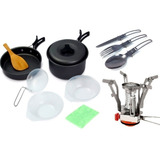 Mini Fogareiro Conjunto Panela Camping 8 Peças Kit Talher