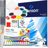 Mini Kit Aquarela Pintura 12 Tintas Pentel Papel Canson Mt 