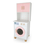 Mini Máquina De Lavar Lavanderia Infantil Mdf Rosa Bebê