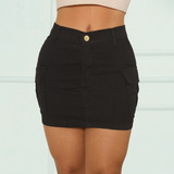 Mini Saia Cargo Jeans Feminina Cintura Alta Bolsos Laterais