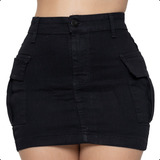 Mini Saia Cargo Jeans Sarja Feminina Cintura Alta Com Lycra