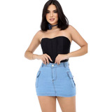 Mini Saia Jeans Feminina Cargo Elastano Cós Alto Moda Casual