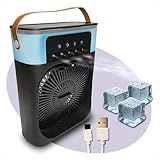 Mini Ventilador Umidificador Portátil USB C Silencioso Econômico Tanque De Água E Gelo 600ml 3 Velocidade De Vento 3 Intensidade De Umidificação Luz LED 7 Cores Timer Com Desligamento Aut Preto