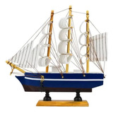 Miniatura Barco Navio Madeira Veleiro Azul Decorativo 22cm