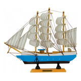 Miniatura Barco Navio Veleiro Madeira Casco Azul 26x5x29 Cm