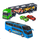 Miniatura Caminhão Cegonha 4 Carrinhos Ônibus Bs Toys