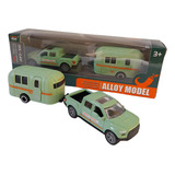Miniatura Carro Caminhonete De Metal Com Trailer Motor Home