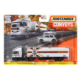 Miniatura De Metal Matchbox Convoys Caminhão + Carro Mattel Cor Mbx Cabover + Box Trailer + 1964 Austin Mini Cooper