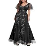 Miusol Vestido Longo Feminino De Renda Com Lantejoulas E Decote V Profundo E Bainha Sereia Preto M