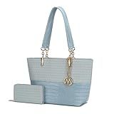 MKF Bolsa De Ombro Feminina E Conjunto De Carteira- Bolsa De Mão De Couro PU - Bolsa De Bolso Elegante Com Alça Superior- Azul Claro Sasha- Large