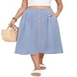 MLXSJ Saia Midi Feminina Verão Rodada Cintura Alta Casual Botões Frontais Com Bolsos Jeans Azul P