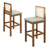 Mobigu Kit 2 Banquetas Moderna Altas Luxo Linho Rattan Bege Bar Área Gourmet Pés Madeira Maciça