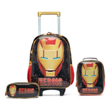 Mochila De Rodinhas Infantil Escolar Lancheira Estojo Cor Preto Desenho Do Tecido Heroic