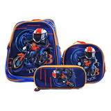 Mochila Escolar Infantil Moto Estojo E Lancheira Térmica