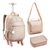 Mochila Escolar Juvenil Feminina Carrinho Rodas 360 Cor Rosa