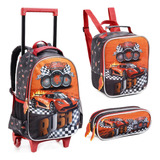 Mochila Escolar Rodinha Lancheira Térmica Estojo Menino Cor Carro De Corrida Rush