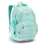 Mochila Feminina Escolar Juvenil Metalizada Metelassê Pompom Cor Verde