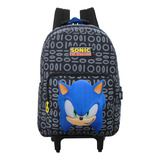 Mochila Infantil De Rodas Reforçada Sonic Knuckles Luxcel Cor Preto Desenho Do Tecido Sonic The Hedgehog