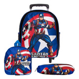 Mochila Infantil De Rodinha Capitão América Lancheira Estojo Cor Azul