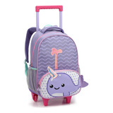 Mochila Infantil Escolar Com Rodinhas Zoop Baleia Lilas Desenho Do Tecido Narval